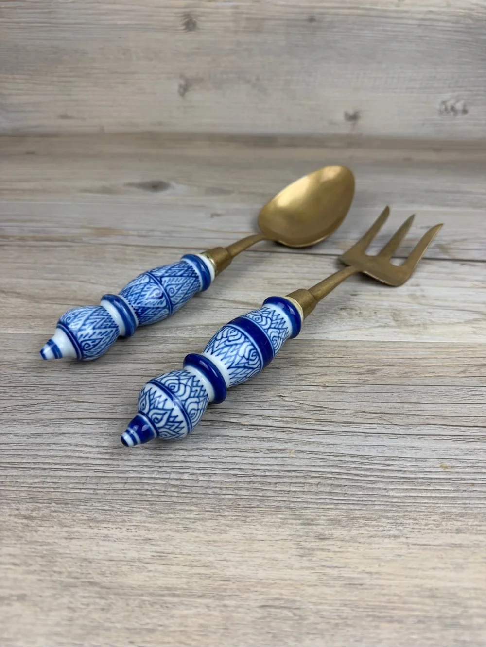 Brass Serving Utensils with Hand Painted Porcelain Handles Vintage